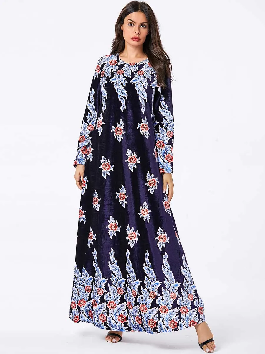 navy blue Элегантное бархатное Макси-Платье с принтом в этническом стиле; хиджаб; мусульманский кардиган; Кимоно; длинный халат; платья; средний восток; ИД Рамадан; мусульманская молитва - Цвет: navy blue