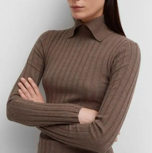 Aviles top off-white tobacco Coffee Rib-knitted Turn Down Collar Long Sleeves silk cashmere Blend Jumper | Женская одежда