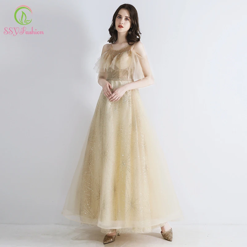 

SSYFashion 2019 New Evening Gown Women Champagne Crystal with Sequins Beading Floor-length Formal Dresses Vestido De Noche