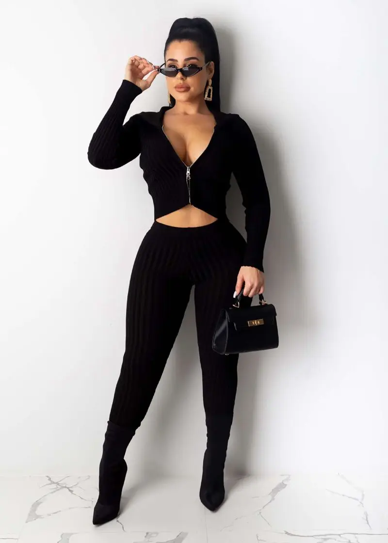 HAOYUAN Sexy Knitted Two Piece Set Tracksuit Women Fall Winter Clothing Crop Top and Pants Matching Suit 2 Piece Club Outfits