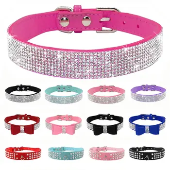 

Bling Rhinestone Puppy Cat Collars Adjustable Leather Bowknot Kitten Collar For Small Medium Dogs Cats Chihuahua Pug Yorkshire