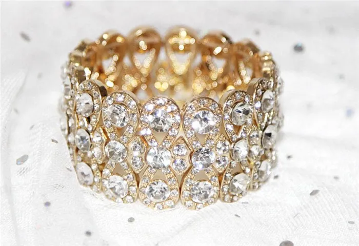 White Rhinestone Позолоченный женский эластичный растягивающийся браслет сверкающий браслет на запястье Bling Shine Dancer сценическое шоу ювелирные изделия красочный белый - Цвет: White Rhinestone
