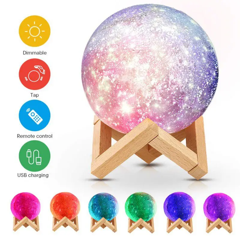 3D Print Star Moon LED Night Light Colorful RGB 16 Colors Remote Control Home Decor Galaxy Lamp