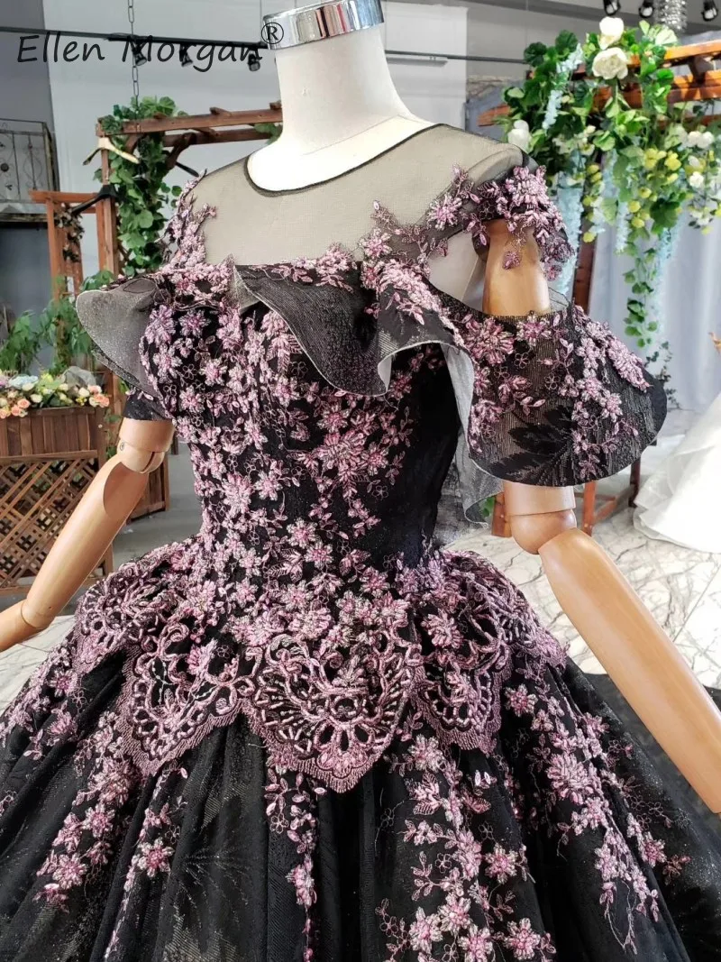 Vestido De Novia, черное кружевное свадебное платье, элегантное,, винтажное, Круглый ворот, аппликация, оборки, тюль, официальное, свадебное, бальное платье для женщин
