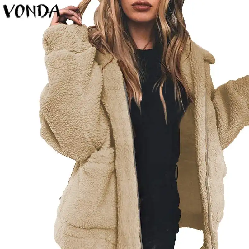VONDA/Новое поступление, женские пальто из искусственного меха, осенне-зимнее пальто, куртки, кардиган на молнии с длинными рукавами, повседневное пальто, большие размеры - Цвет: Khaki