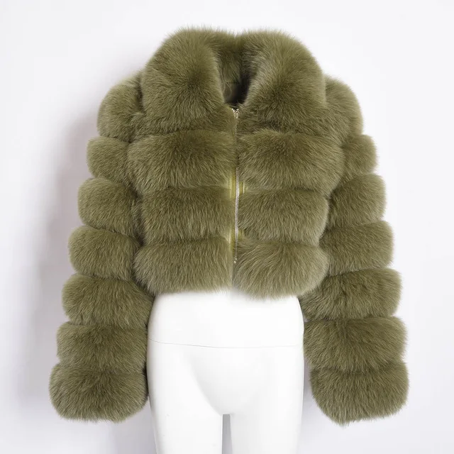 Winter New Women's Real Fox Fur Jacket Zipper Lady Short Style Fur Coat Thick Warm Fur Outerwear S7636 - Цвет: Khaki Green
