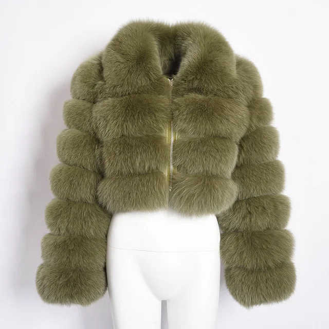 Khaki Green Winter New Women's Real Fox Fur Jacket Zipper Lady Short Style Fur Coat Thick Warm Fur Outerwear S7636 - Цвет: Khaki Green