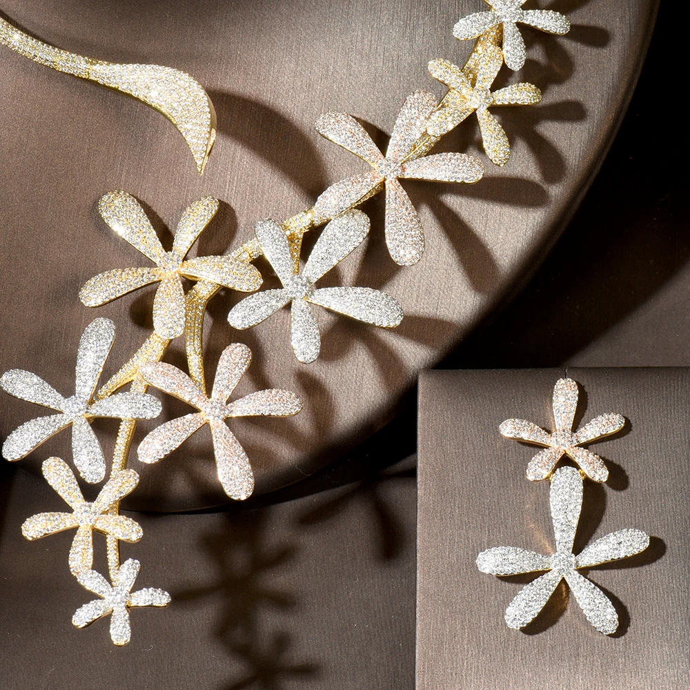 HIBRIDE 2PCS Big Flower Leaf Luxury Women Nigerian Wedding Naija Bride Cubic Zirconia Necklace Dubai Bridal Dress Jewelry N-1774 - Image 3