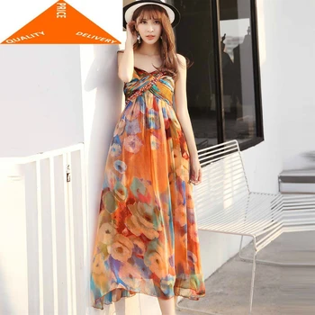 

Long Real Silk Party Women Print Boho Dress Sexy Beach Summer Maxi Dresses Vestidos Verano 2020 LWL9603