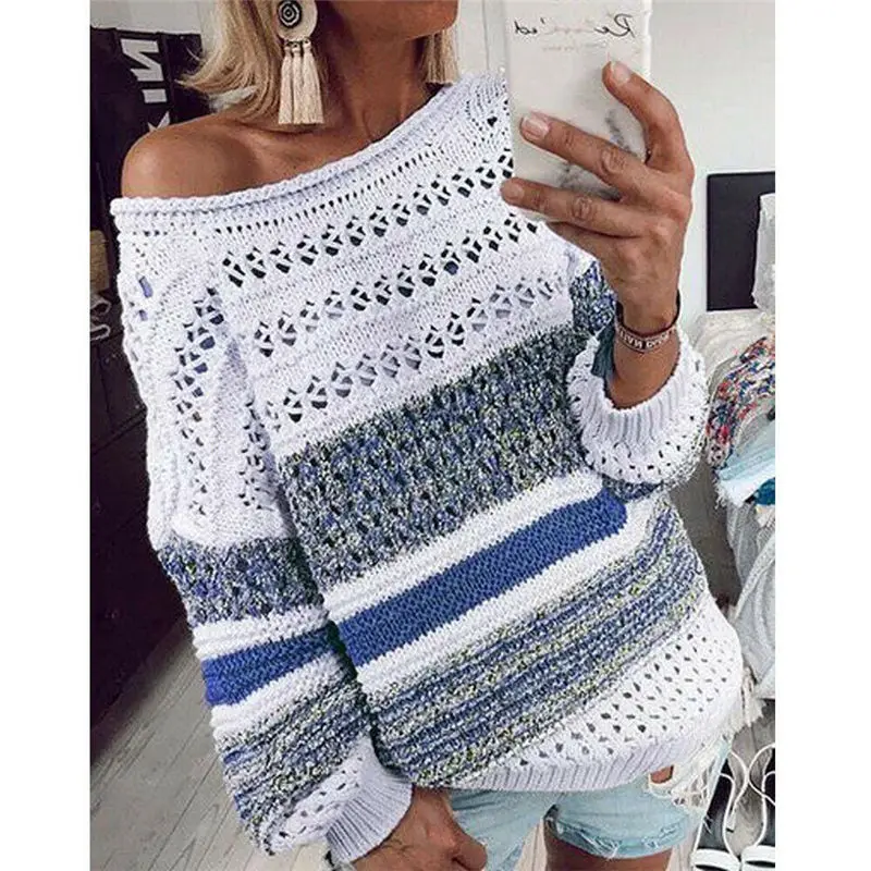 Fashion Striped Pullover Sexy Pullover Long Sleeve Casual Women Ladies Hollow Out Sweaters Woman Plus Size Pullovers