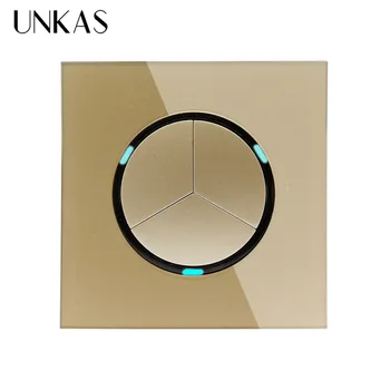 

UNKAS 2019 New Arrival Wall Light Switch With LED Indicator Gold Crystal Glass Panel 3 Gang 1 Way Random Click On / Off