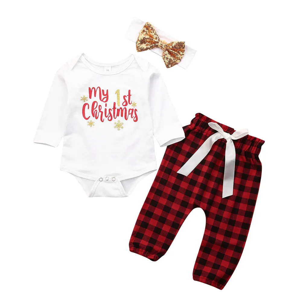 Emmaaby/ комплект одежды с надписью «My First Christmas» для маленьких мальчиков и девочек, короткий/длинный рукав, буква принт комбинезон+ штаны, осенняя одежда для детей 0-18 месяцев