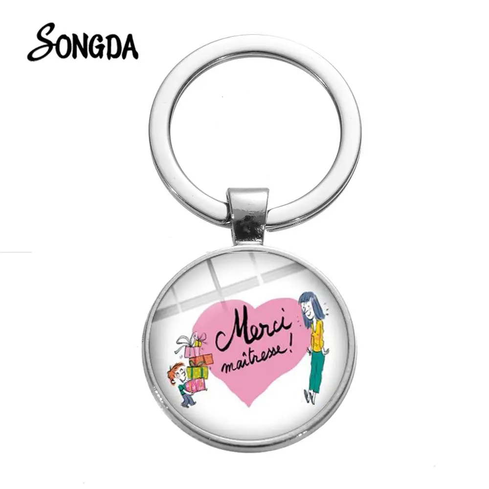 

SONGDA HOT! Merci Maitresse Key Chain Fashion Teachers Gift Super Mistress Letter Print Glass Dome Keychain Thanksgiving Jewelry