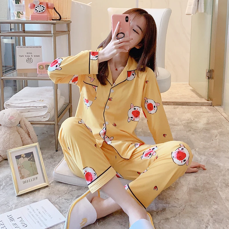 Пижамы для женщин с длинным рукавом в клетку в Корейском стиле розовый Kawaii пижамный комплект размера плюс женская домашняя одежда мягкая с отложным воротником