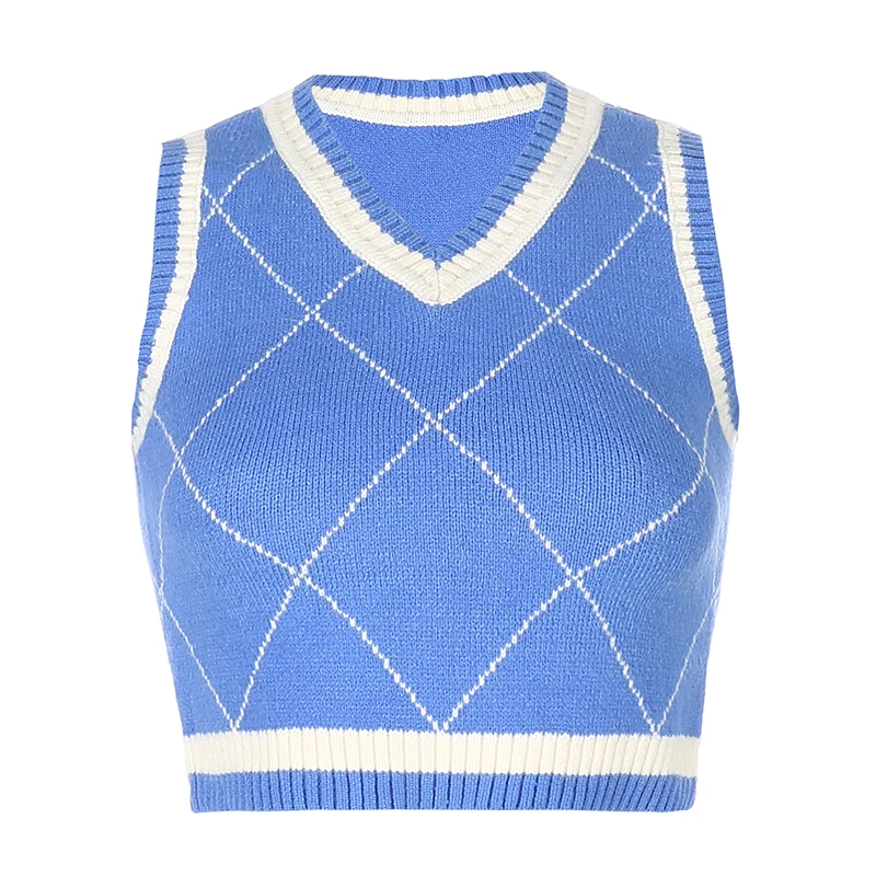 Women s Argyle Knitted Plaid Sweater Vintage Preppy Style Long Sleeve V-Neck Button Cardigan E-Girls 90s