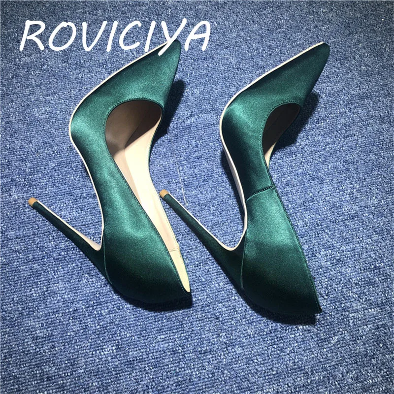 

Blackish green silk spring pumps pointed toe 12cm high heels ladies shallow women shoes party evening nightclub BM021 ROVICIYA