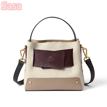 

Sasa 2020 New women ladies luxury bag cowhide fashion bucket handbag totes leather bags patchwork split cow leather