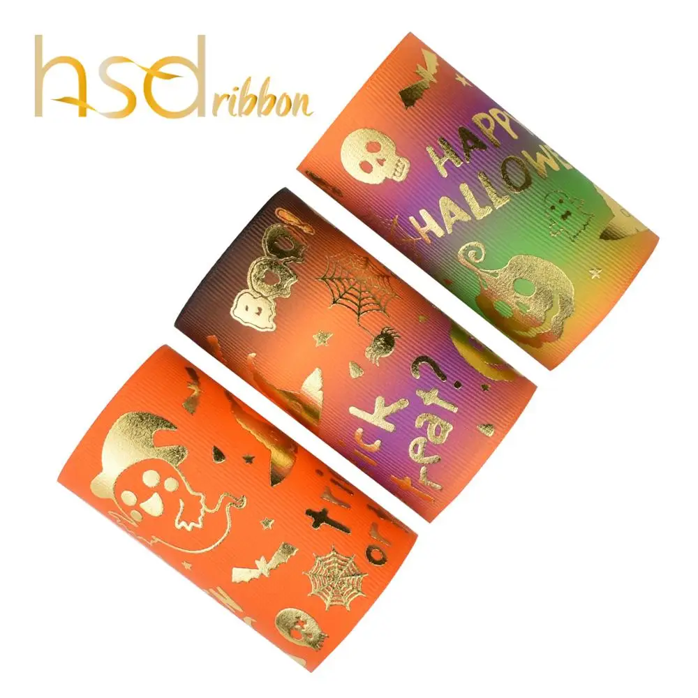 

HSDRibbon 75mm 3inch hsd-design custom Halloween Pattern Gold Foil on Solid And HT Grosgrain Ribbon