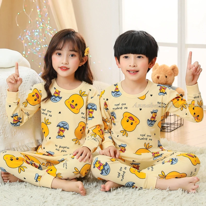 100% Cotton Dinosaur Pajamas for Boys 2-14Y Teen Kids Sleepwear Grey Navy Blue Striped Pijamas Set Winter Child Girls Pyjamas elegant pajama sets Sleepwear & Robes