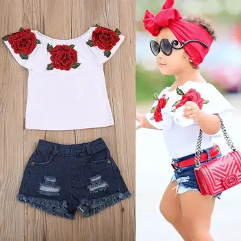 

Pudcoco 2PCS Fashion Toddler Kids Baby Girls 3D Flower Rufles Tops Denim Hot Pants Outfits Clothes Set 1-6Y