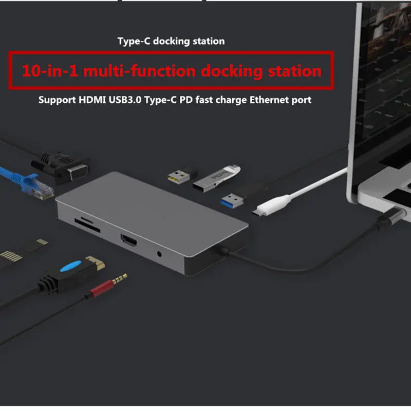 10-in-1 USB expansion dock USB3.0 SD TF HDMI VGA 3.5mm audio Ethernet interface for huawei xiaomi M