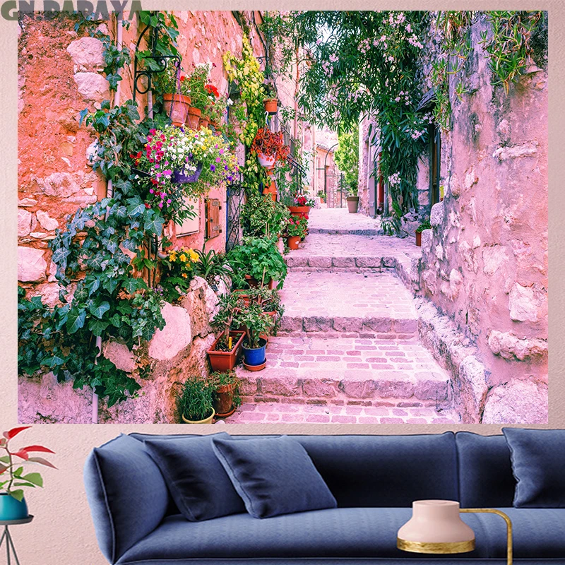 

Town street view tapestry Scenic Wall Hanging farmhouse decor flower goblen landscape boheme Polyester Yoga mat beach tapestry