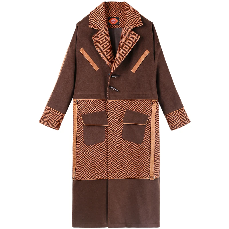 Autumn Winter Vintage Elegant Woolen Jacket Ladies Casual Loose National Trend Patchwork Thicken Warm Long Jacket Coat Overcoat