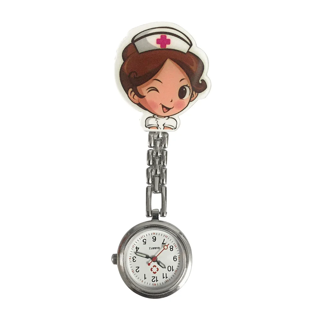 

Women Gift Pin Buckle Medical With Link Clip Nurse Watches Portable Cute Cartoon Round Dial Durable Fashion Lapel Hanging
