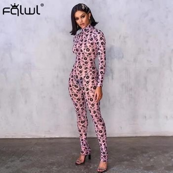 

FQLWL Floral Print Long Sleeve Sexy Rompers Womens Jumpsuit Female Transparent Skinny Bodycon Mesh Ladies Long Jumpsuit Women