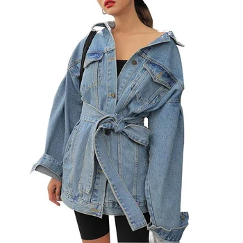 

Autumn Denim Jackets Women Lapel Long Sleeve High Waist Lace Up Bandage Female Jacket Fashion Vintage Streetwear Outwear Coats