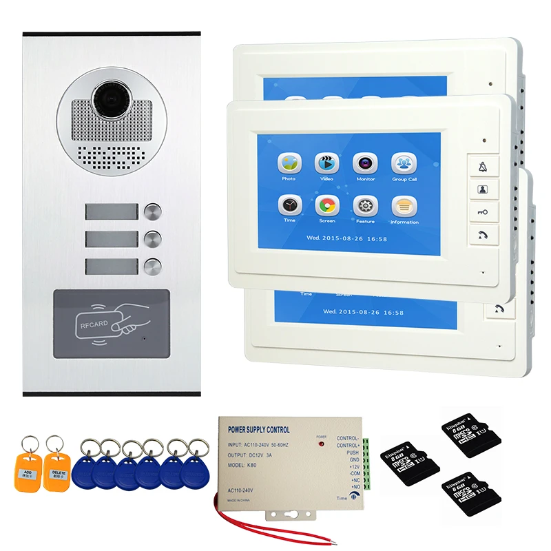 7 Inch Door Intercom Multi-apartment System Video Doorbell Phone RFID Keyfob Kits for 3 Unit apartments IR Night Waterproof |