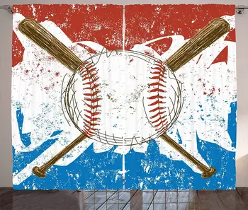 

Sports Curtains Hand Drawn Baseball Bats and Ball on Grunge Colored Background Living Room Bedroom Window Drapes Brown Blue