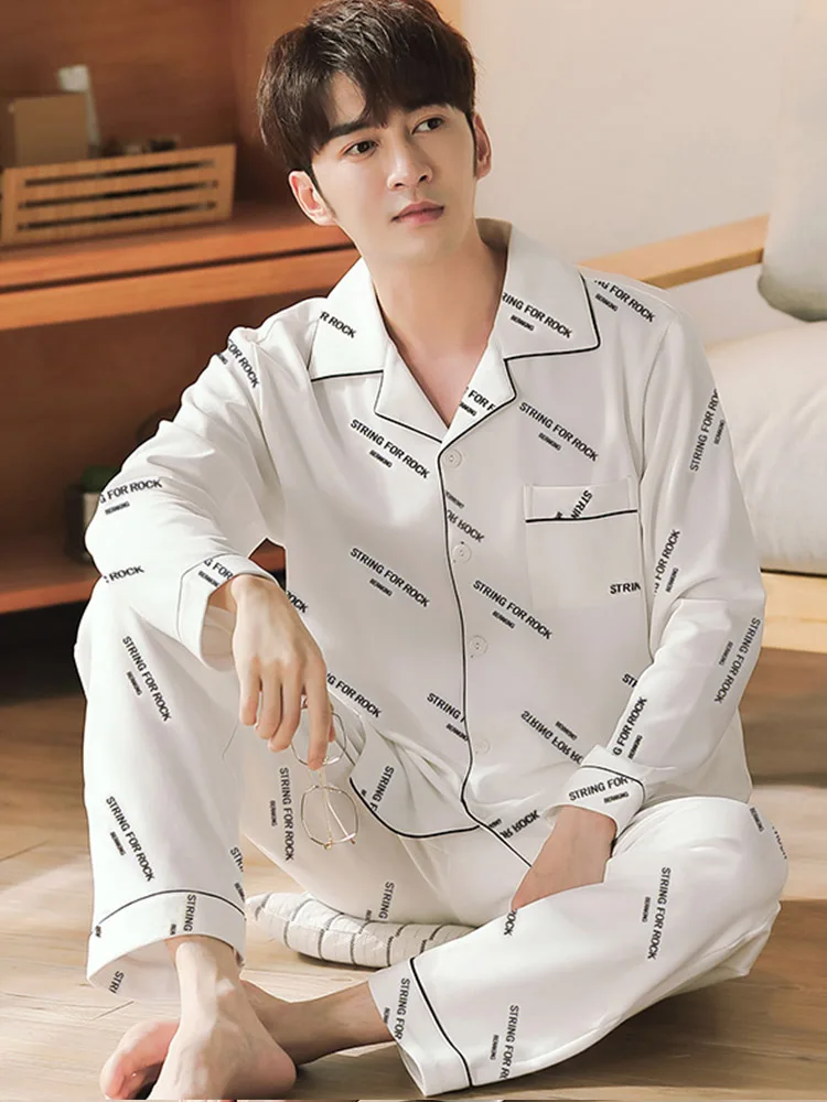 Autumn Winter Cotton Matching Couple Pajamas Men Sleepwear Women Homewear Bedroom White Letter Pyjama Homme PJ Couple Pyjama Set