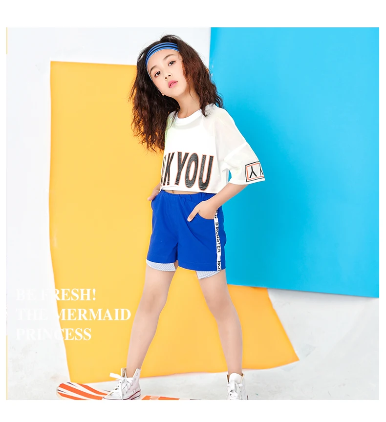 Children White Jazz Dance Costumes Girls Letter Crop Top Blue Shorts Dance Sets Hip Hop Modern Party Stage Outfits (34)