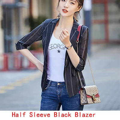 Black Blazer Летняя женская одежда в полоску, повседневные тонкие блейзеры и куртки для девочек, пальто с коротким рукавом из дышащей мягкой ткани - Цвет: Black Blazer