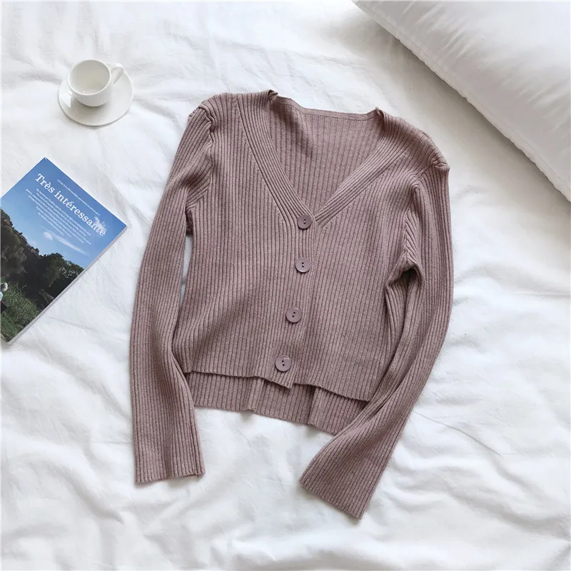 Women's Knit Cardigan Sweater Fashion Chic Short Knit Cardigan New Short V-neck F Long Sleeve Outer tops Female Tops GD050