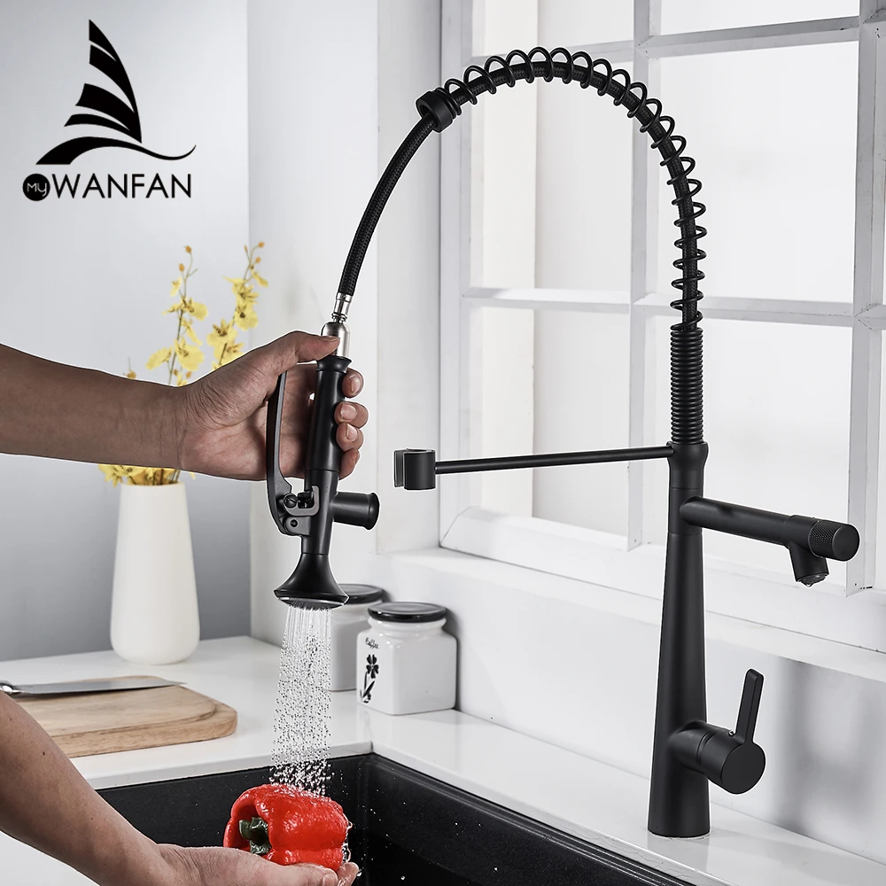 Modern Kitchen Faucet with Dual Pull Down Spout Solid Brass Single Handle Hole kitchen Sink Mixer Tap Matte Black 866105