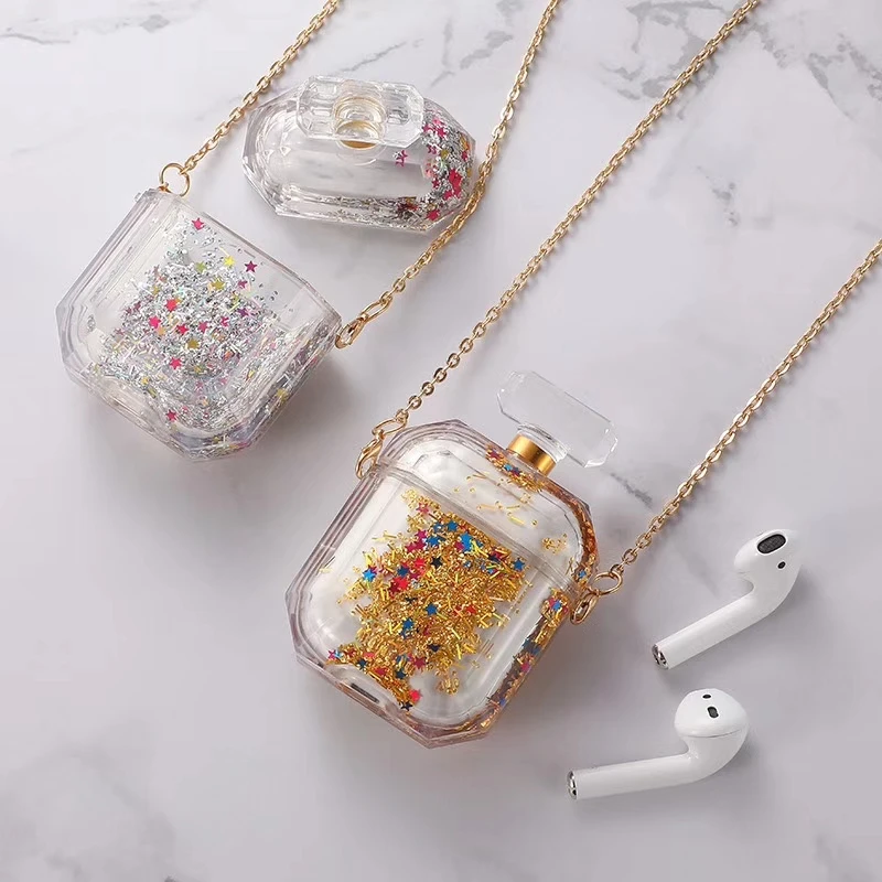 Блестящий жидкий зыбучий песок флакон духов Airpod чехол+ Шейная цепочка модный прозрачный жесткий чехол для наушников для Apple Airpods 1 2