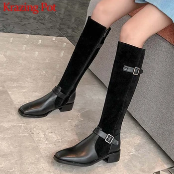 

Krazing Pot genuine leather European style square toe med heels buckle straps winter keep warm women cozy thigh high boots L35