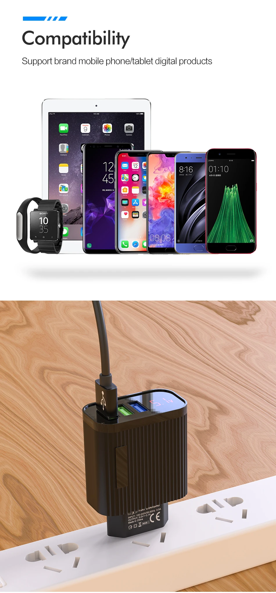 USB зарядное устройство, 3 порта, светодиодный дисплей, 3 А, быстрая зарядка, зарядное устройство для мобильного телефона, настенное зарядное устройство для iphone, samsung, Xiaomi, huawei, универсальное