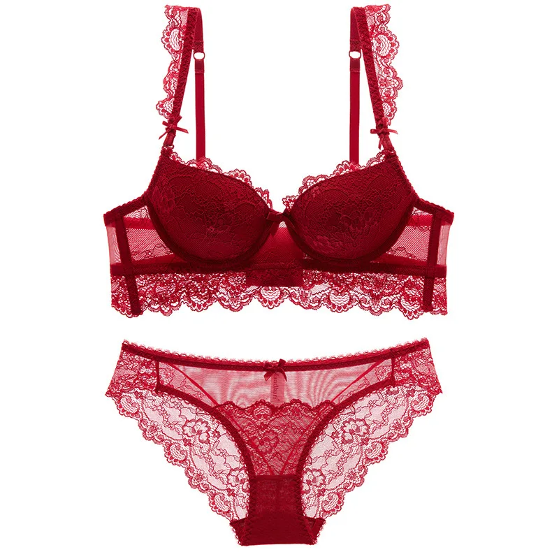 

Summer Sexy Lace Ultra-thin Bra and Panty Set Women's Push Up Adjustable Plus Size Bra Sexy Lace Briefs Underwear Lingerie Set