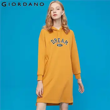 

Giordano Women Dress Printed Letter Loose Fit Hoodies Dress Long Sleeve Above Knee Length Hooded Vestido 05469891