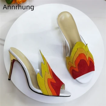 

Colorful Fire-pattern Suede High Heel Slippers Women Stiletto Heel Sexy Open Toe PVC Transparent Slip-on Summer Shoes Woman