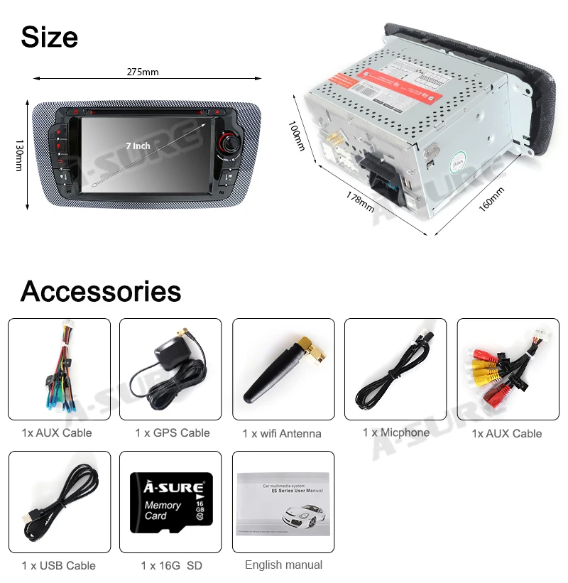 Best A-Sure 2 Din Android 9.0 Auto Radio GPS DVD Player Sat Nav Stereo Navigation For Seat Ibiza 2009-2013 Quad Core DAB+ WIFI 4G 5