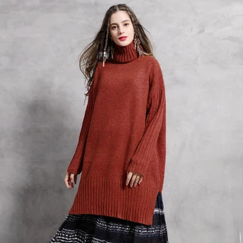 

Women Sweater 2019 Autumn Winter New Boho Turtleneck Long Sleeve Knit Pullover Feminina Vintage Loose Long Female Knitwear B9276