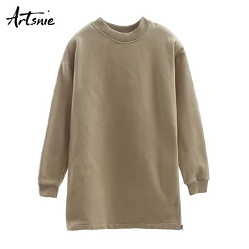 

Artsnie streetwear casual khaki women sweatshirt autumn 2019 turtleneck long sleeve zipper cotton winter sweatshirts mujer