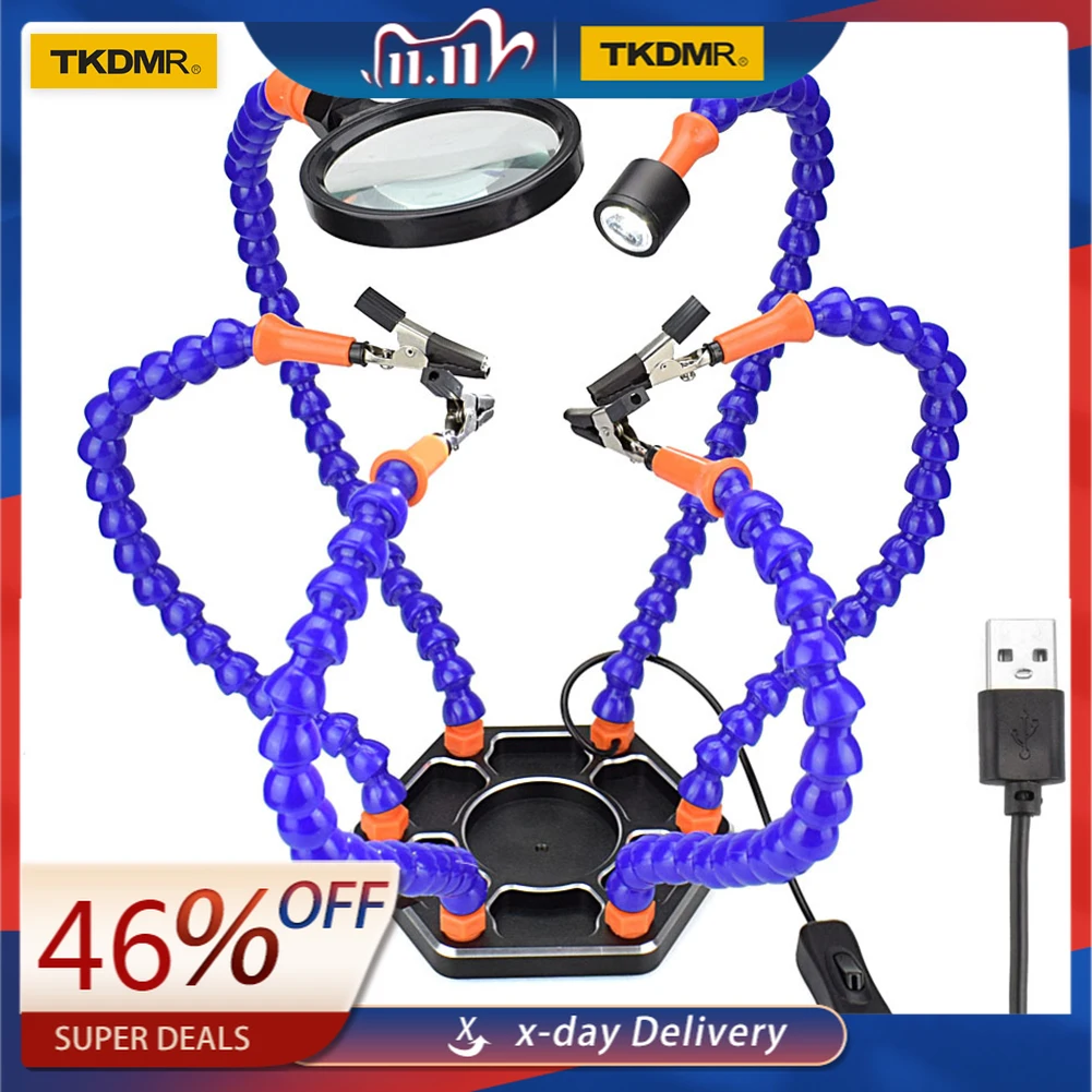 

TKDMR Helping Hands Third Arm Soldering Work Station 6 Flexible Arms with Precision 360 Degree Alligator Clip USB Magnifier