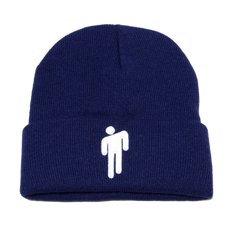 Вышивка Billie Eilish Beanie шляпа для женщин и мужчин вязаное, тёплое, зимнее шапки для мужчин и женщин Твердые хип-хоп повседневные с манжетами широкий берет-Боб - Цвет: Тёмно-синий