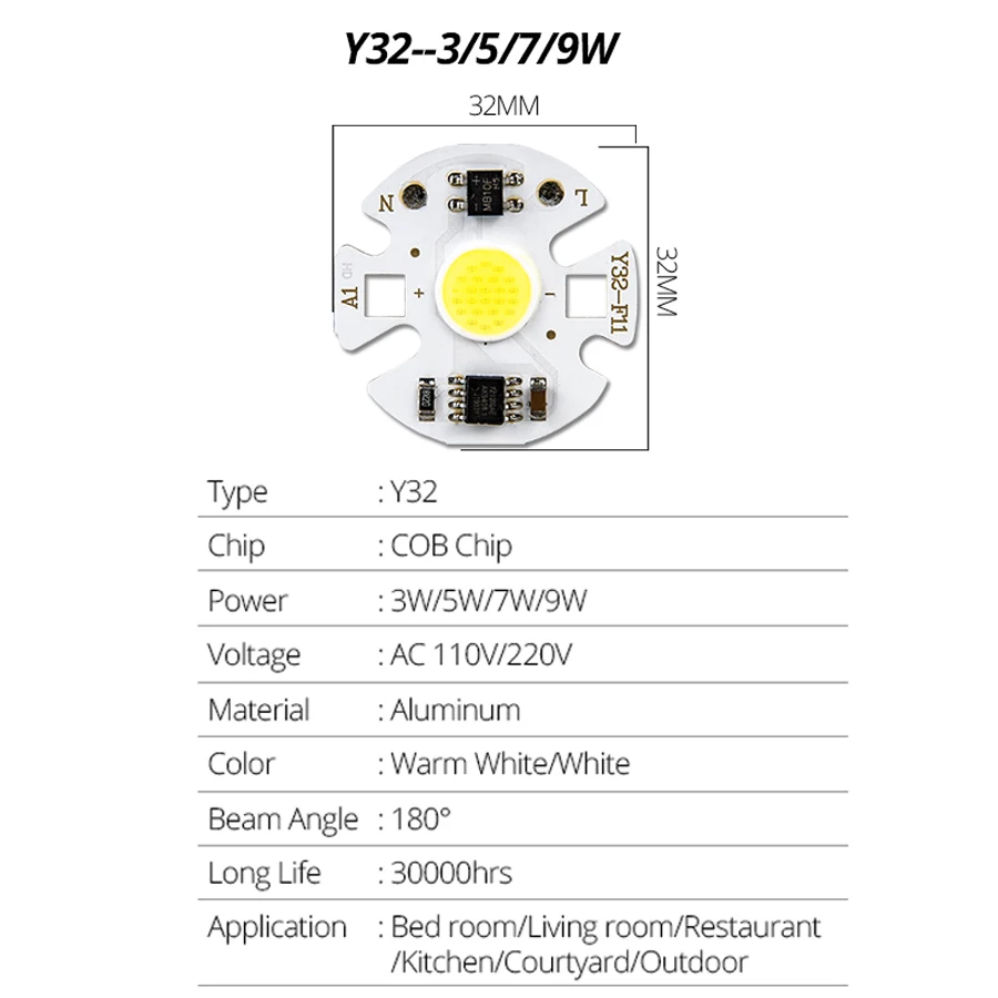 3 Вт, 5 Вт, 7 Вт, 9 Вт, COB светодиодный чип, 220 В, 110 В, холодный и теплый белый, Y27, Y32, бусина, COB чип, светодиодный, не нужен драйвер для прожектора, сделай сам