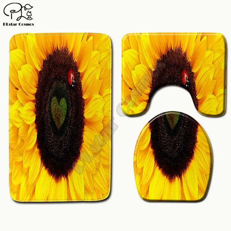 

Sunflower pattern funny 3D printed Bathroom Pedestal Rug Lid Toilet Cover Bath Mat Set drop shipping style-3
